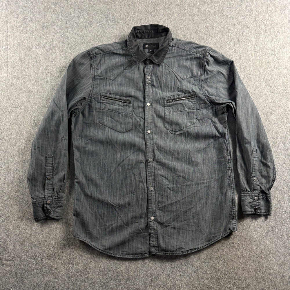 INC International Concepts Mens XL Gray Western Snap Front Zipper Pocket Shirt